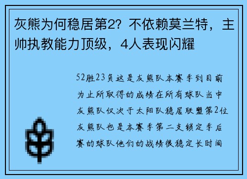灰熊为何稳居第2？不依赖莫兰特，主帅执教能力顶级，4人表现闪耀